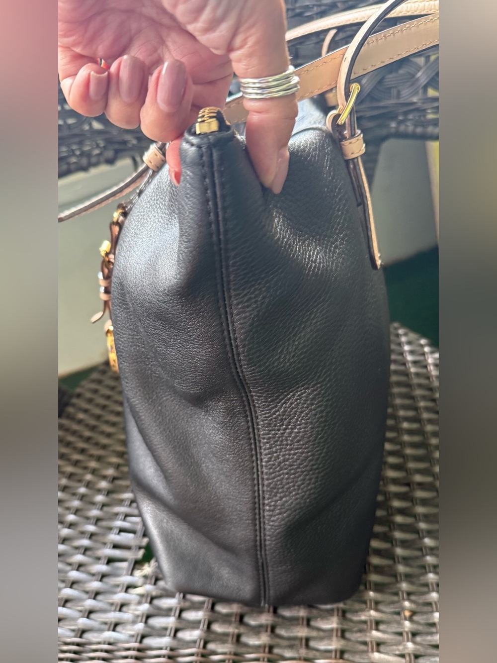 Michael Kors Black Pebbled Leather Tote with Tan Handles & Gold Charm EUC - Picture 17 of 17